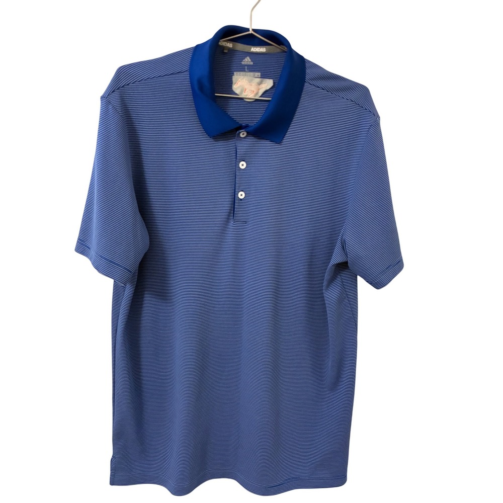 Adidas Golf Mens Blue White Striped Polo Shirt Short Sleeve Horse Logo Large